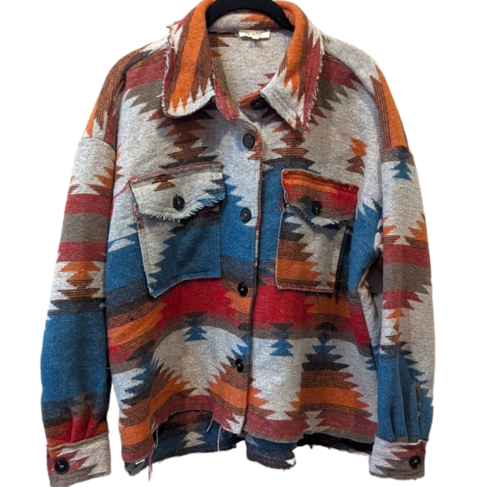 LA MIEL Multicolor Aztec Wool-Blend Jacket - Blue, Orange, Red, Gray